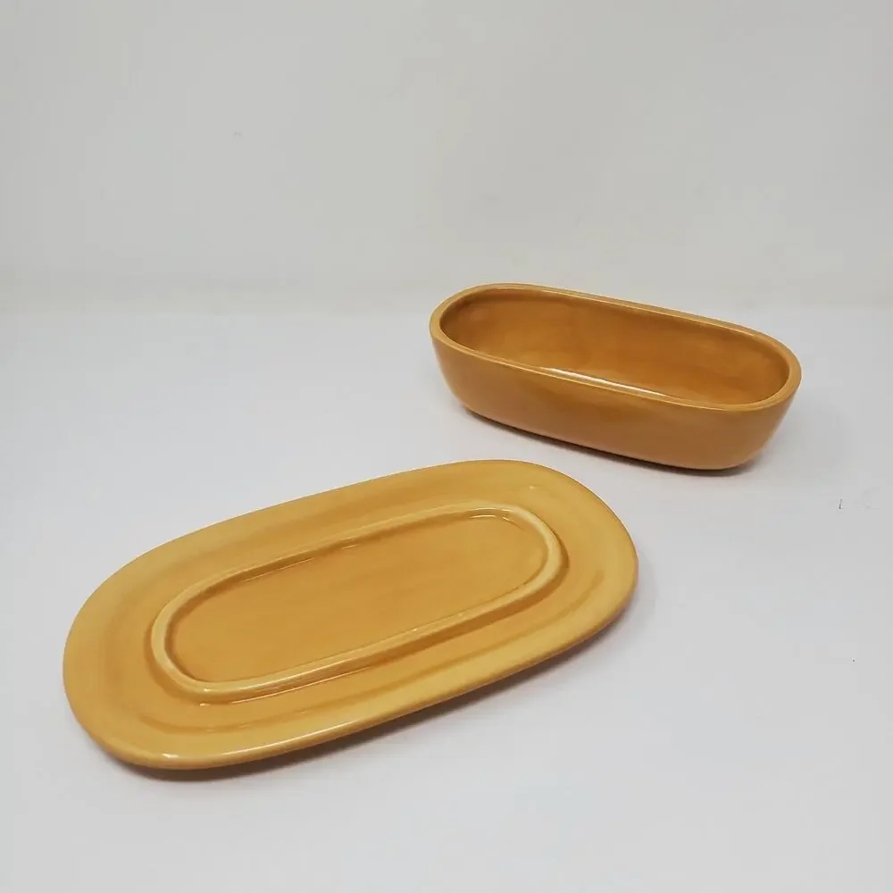 Pottery Barn SAUSALITO AMBER 1/4 Lb Covered Butter Dish Golden Yellow Amber Flaw